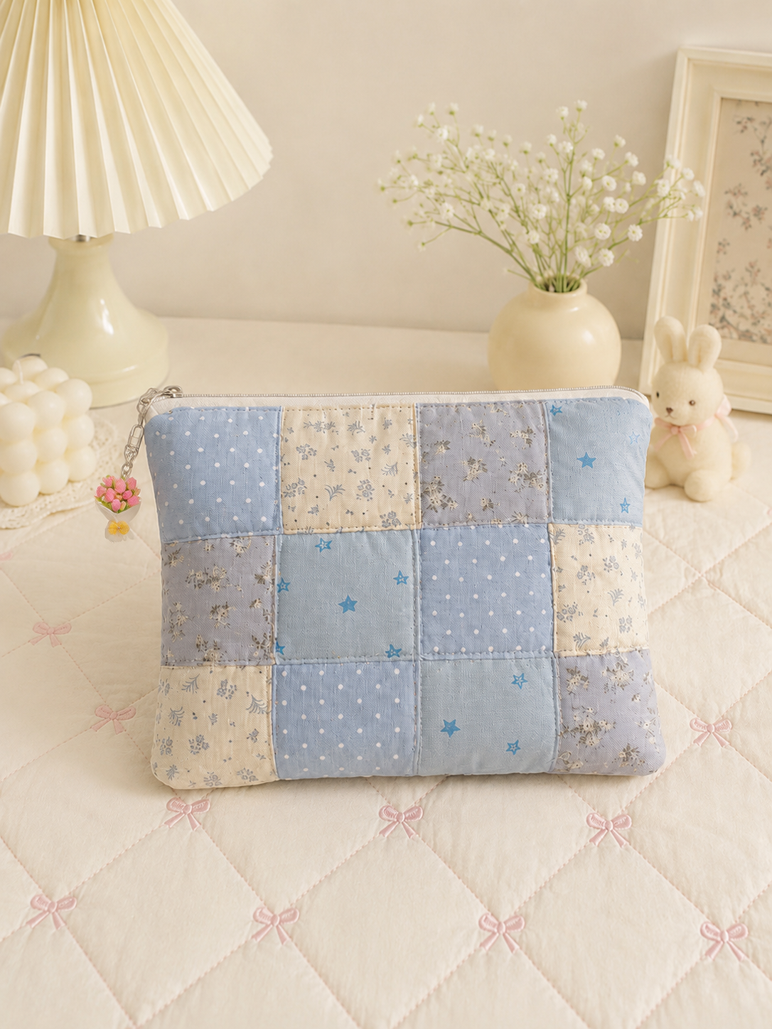 Handmade Blue Floral Patchwork Zipper Pouch | Large Everyday Essentials Bag