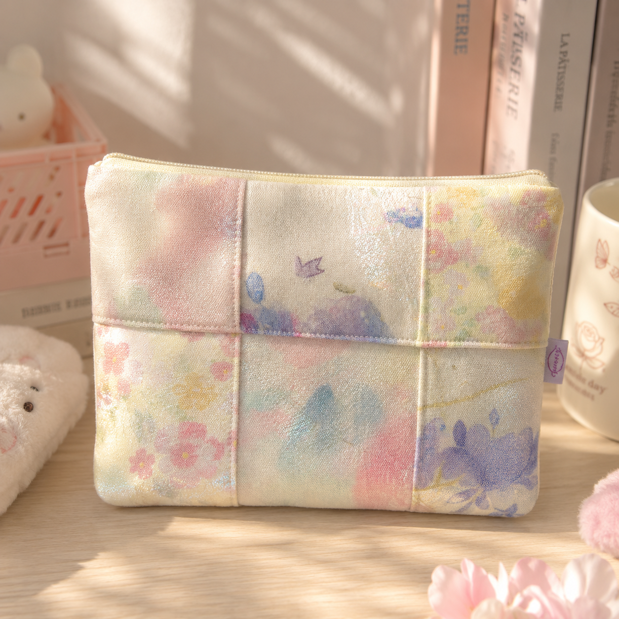 Handmade Pastel Watercolor Floral Patchwork Zipper Pouch|Free shipping