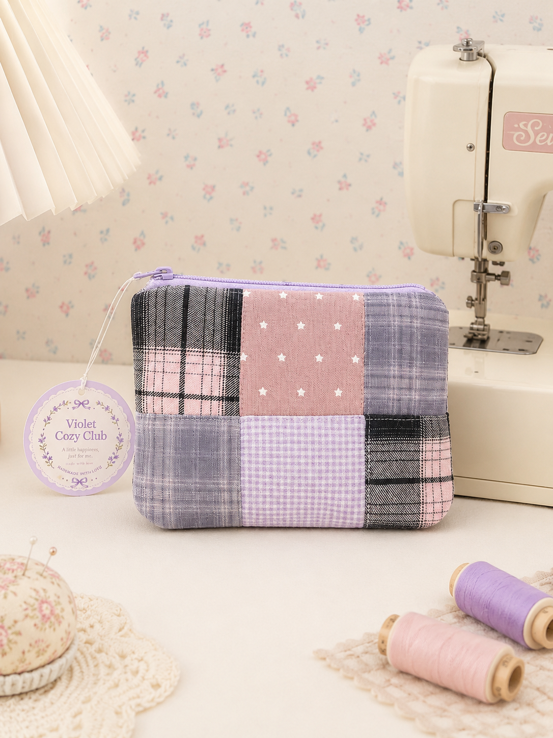 Handmade Pink & Lavender Plaid Patchwork Zipper Pouch | Everyday Essentials Bag
