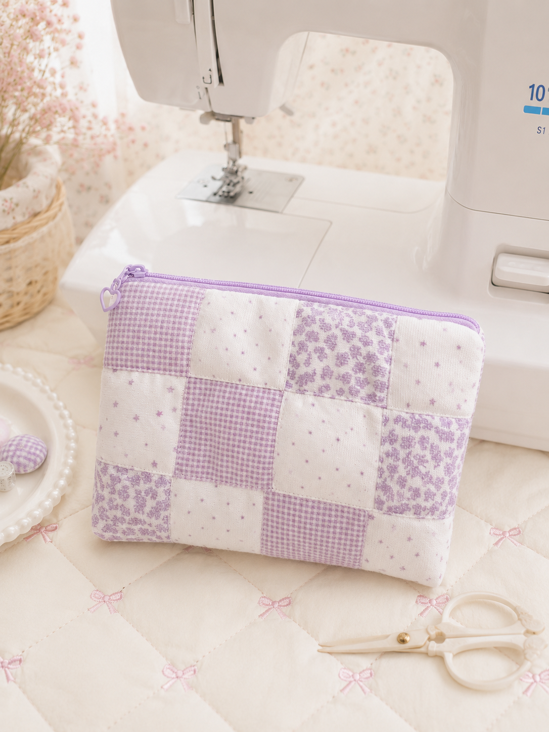 Handmade Lavender Patchwork Zipper Pouch | Large Everyday Essentials Bag