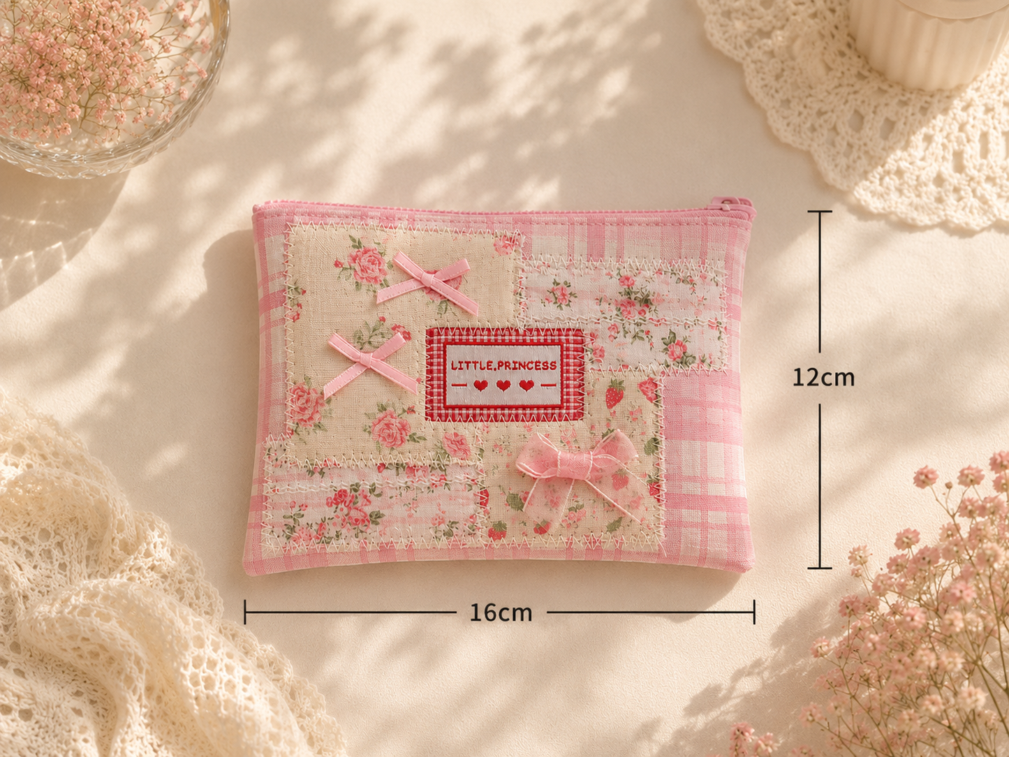 Handmade Pink Floral Patchwork Zipper Pouch |Free shipping