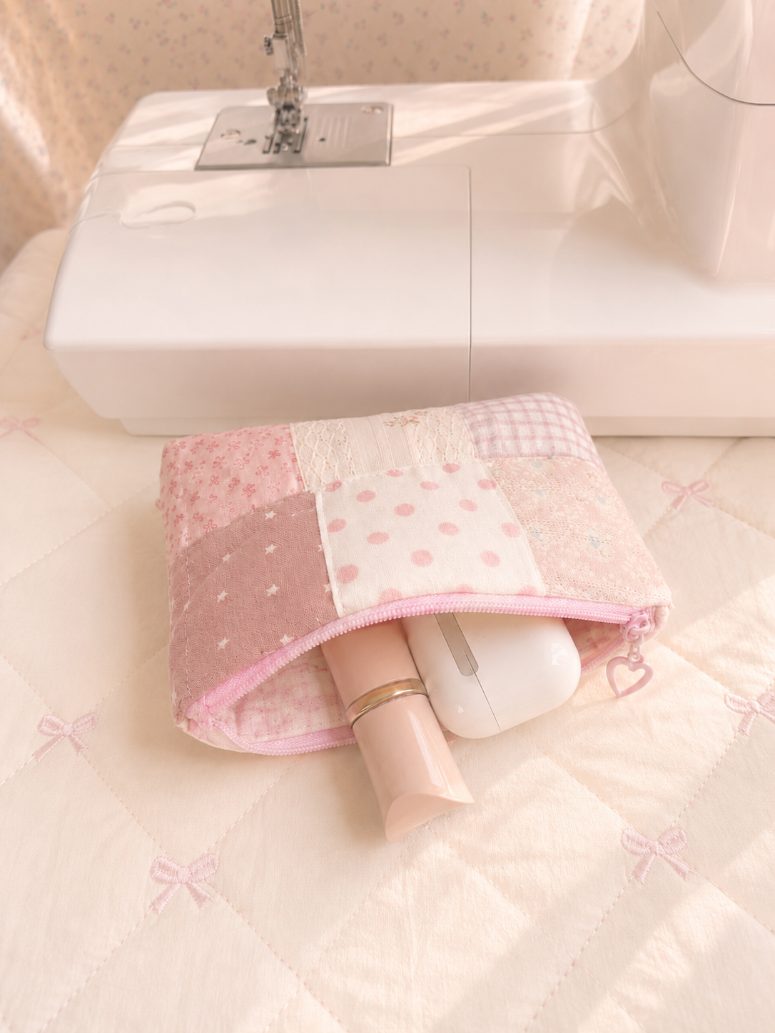 Handmade Blush Pink Patchwork Zipper Pouch | Everyday Essentials Bag