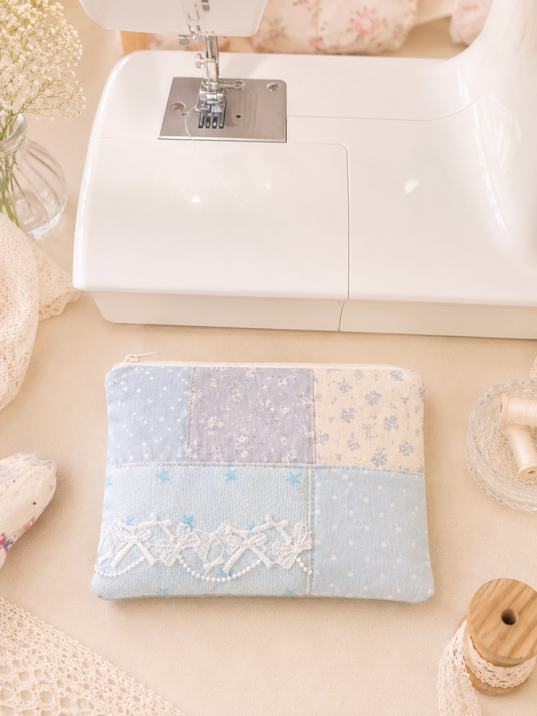 Handmade Blue Patchwork Zipper Pouch | Everyday Essentials Bag