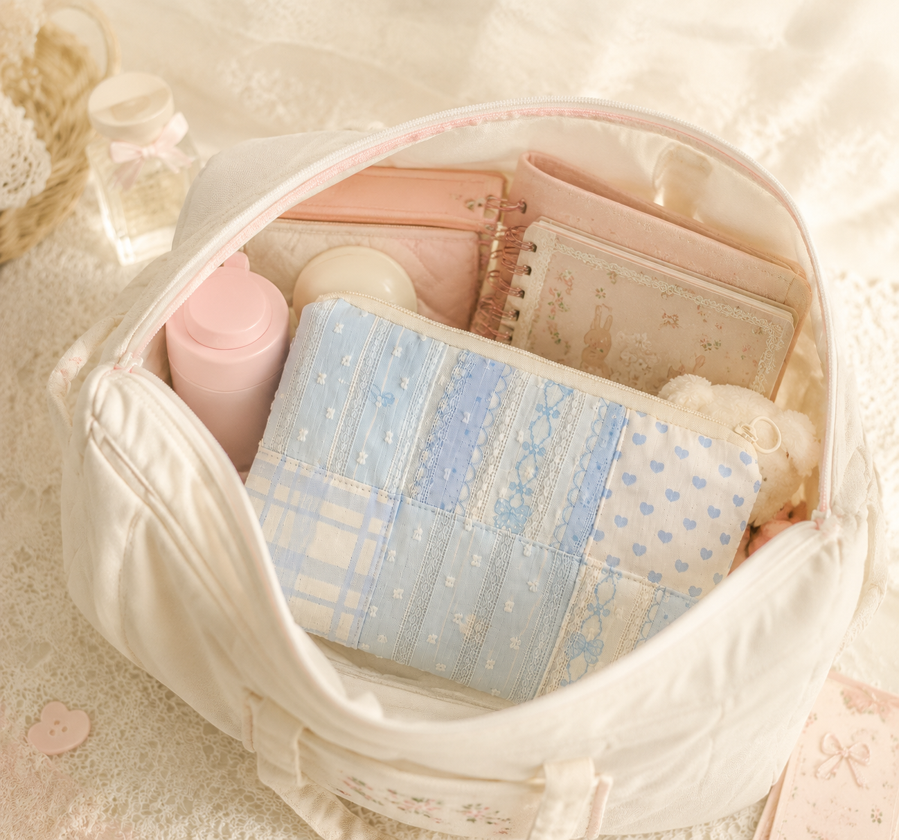 Handmade Blue Lace Patchwork Zipper Pouch|Free shipping
