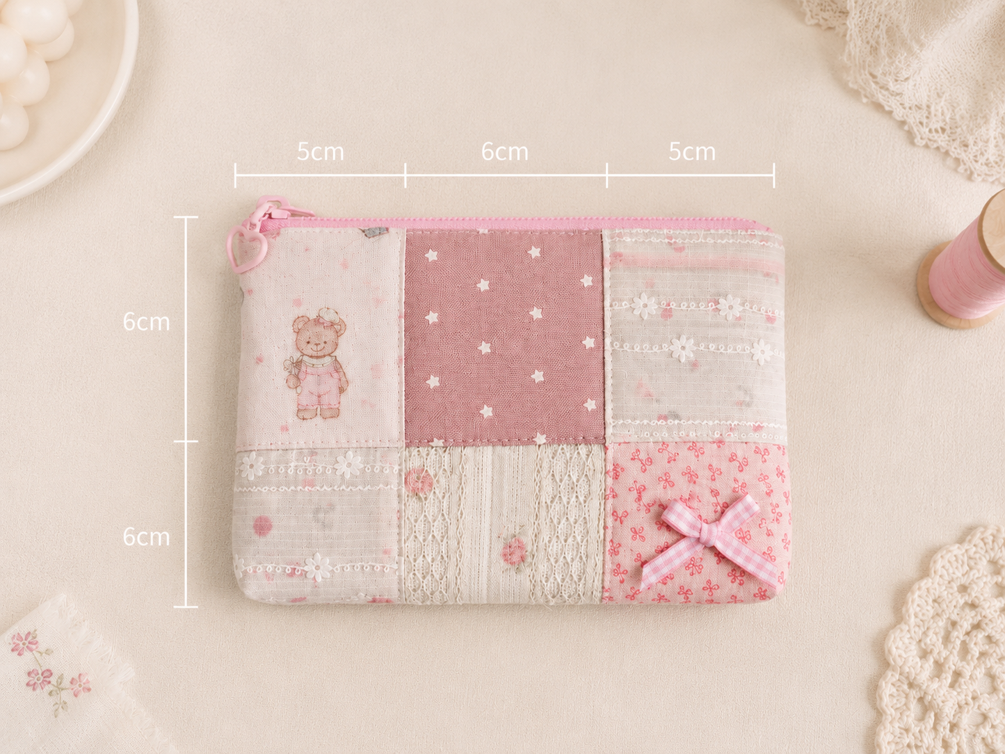 Handmade Pink Teddy Patchwork Zipper Pouch ｜Free shipping