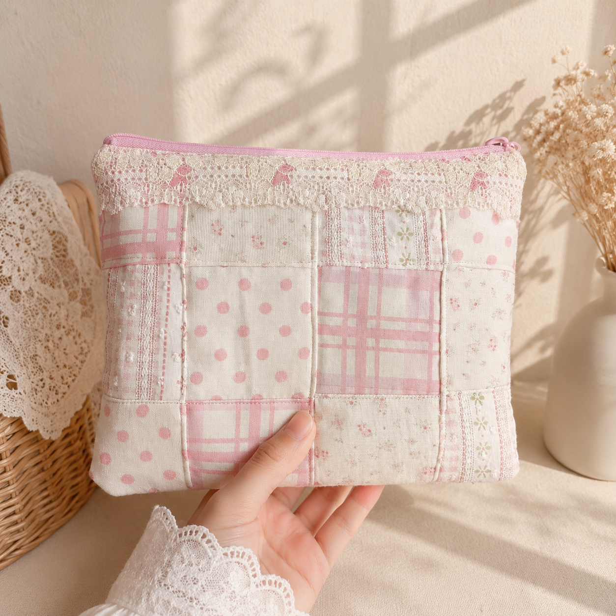 Handmade Pink Gingham Patchwork Zipper Pouch｜Free shipping