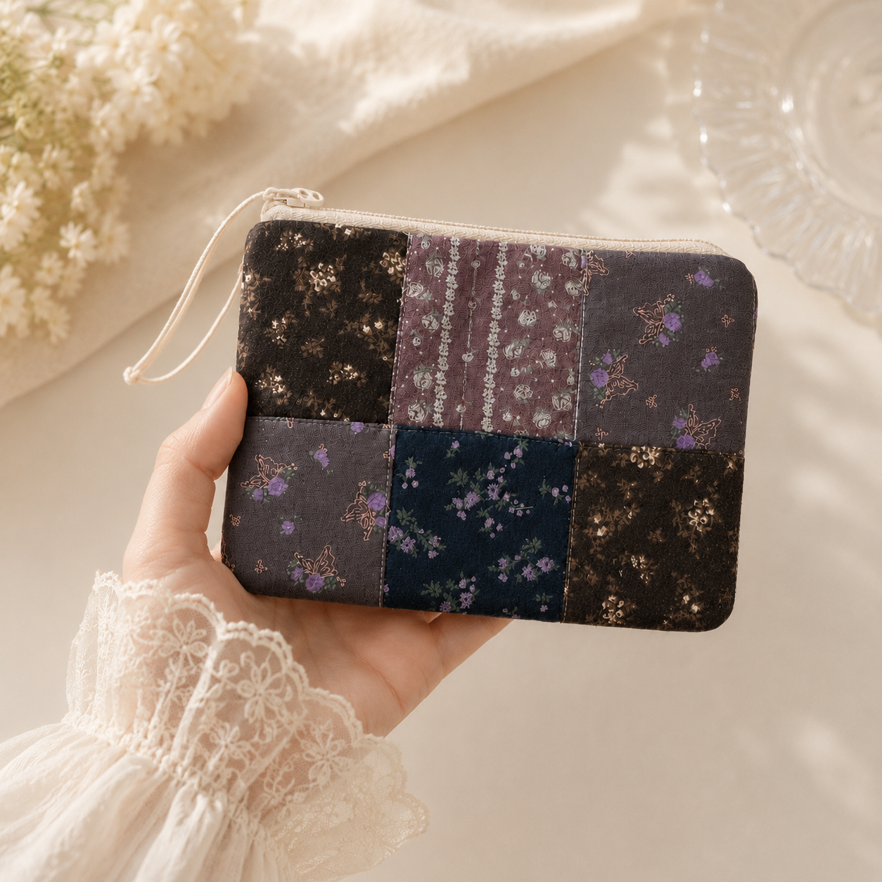 Handmade Midnight Floral Patchwork Zipper Pouch | Everyday Essentials Bag