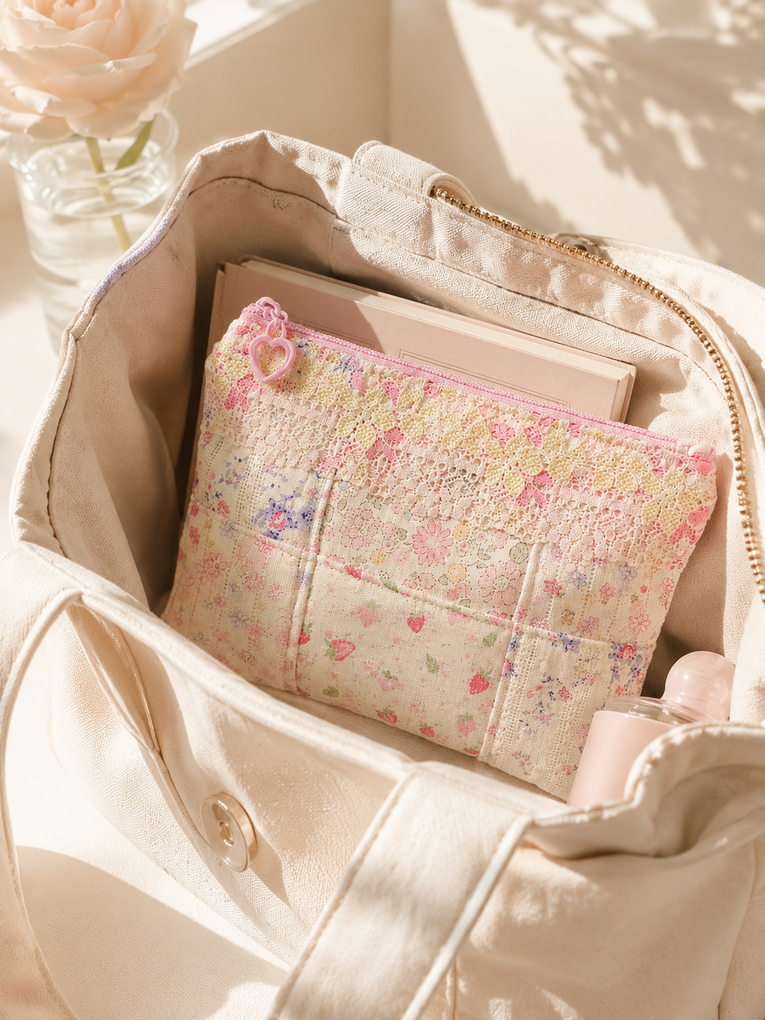 Handmade Pastel Floral Patchwork Zipper Pouch with Lace and Heart Charm｜Free shipping