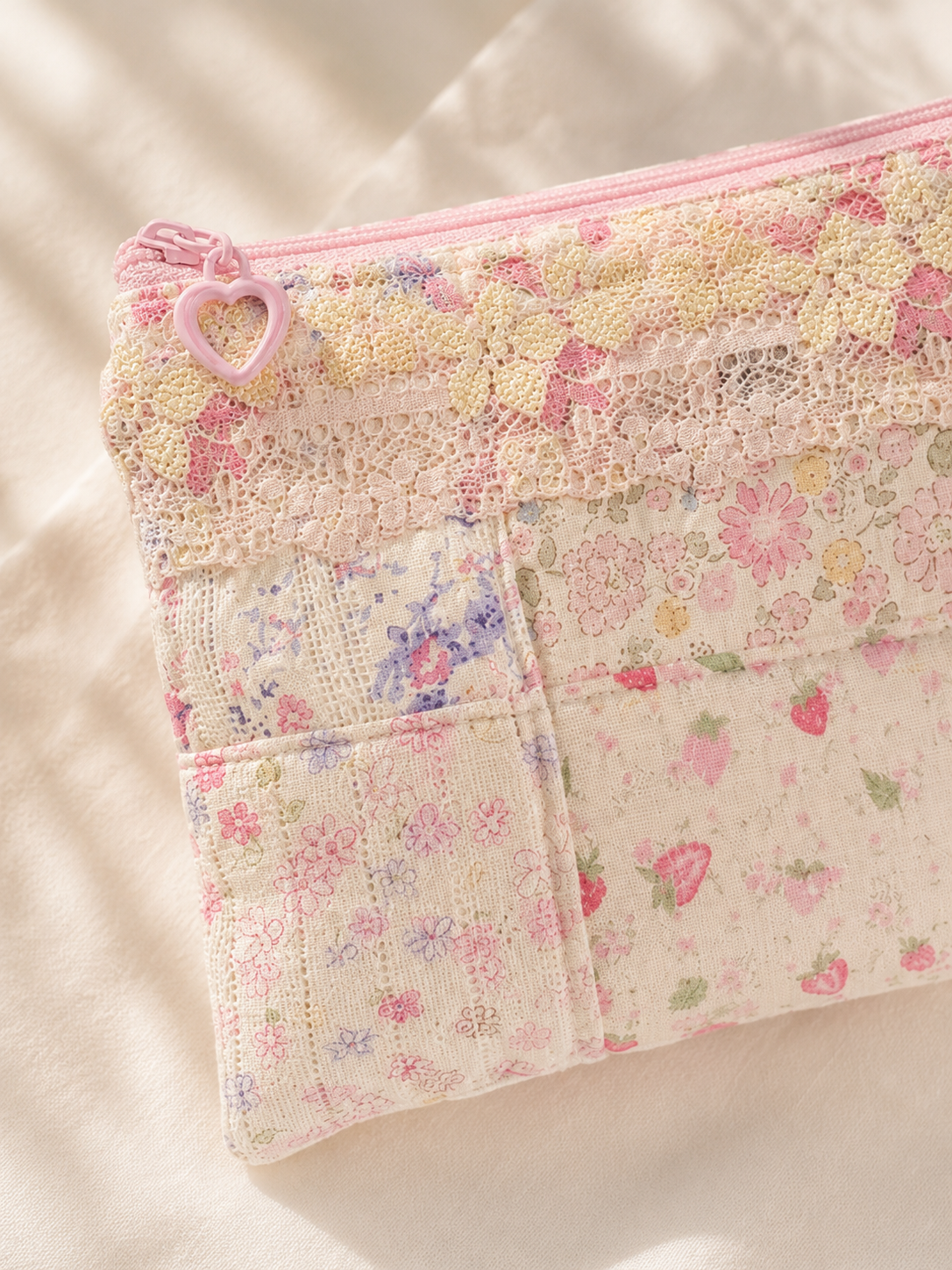 Handmade Pastel Floral Patchwork Zipper Pouch with Lace and Heart Charm｜Free shipping