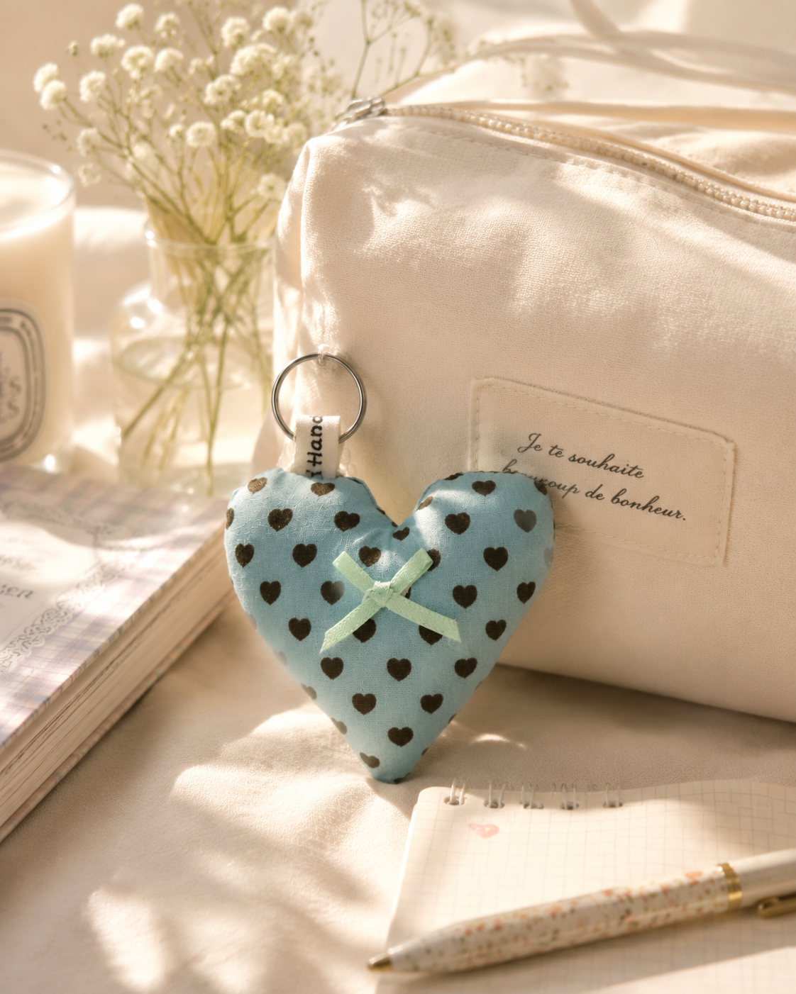 Handmade Blue Heart Fabric Keychain｜Free shipping