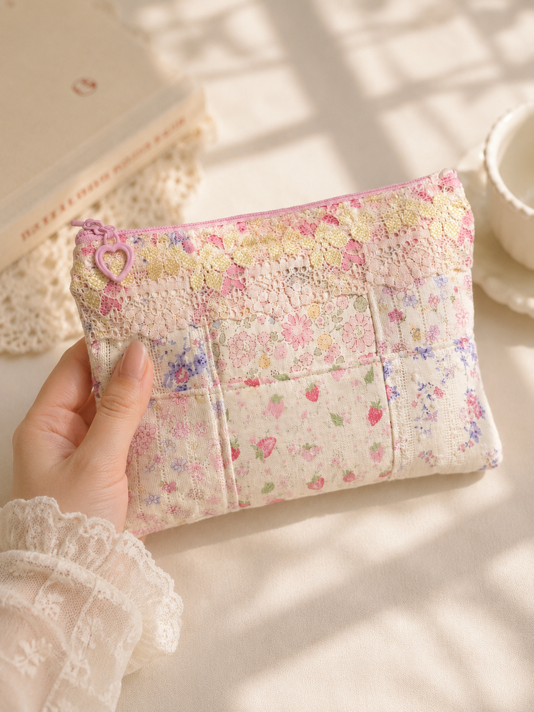 Handmade Pastel Floral Patchwork Zipper Pouch with Lace and Heart Charm｜Free shipping
