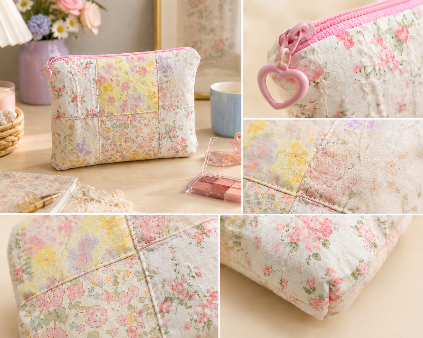 Handmade Pastel Floral Patchwork Zipper Pouch | Free shipping