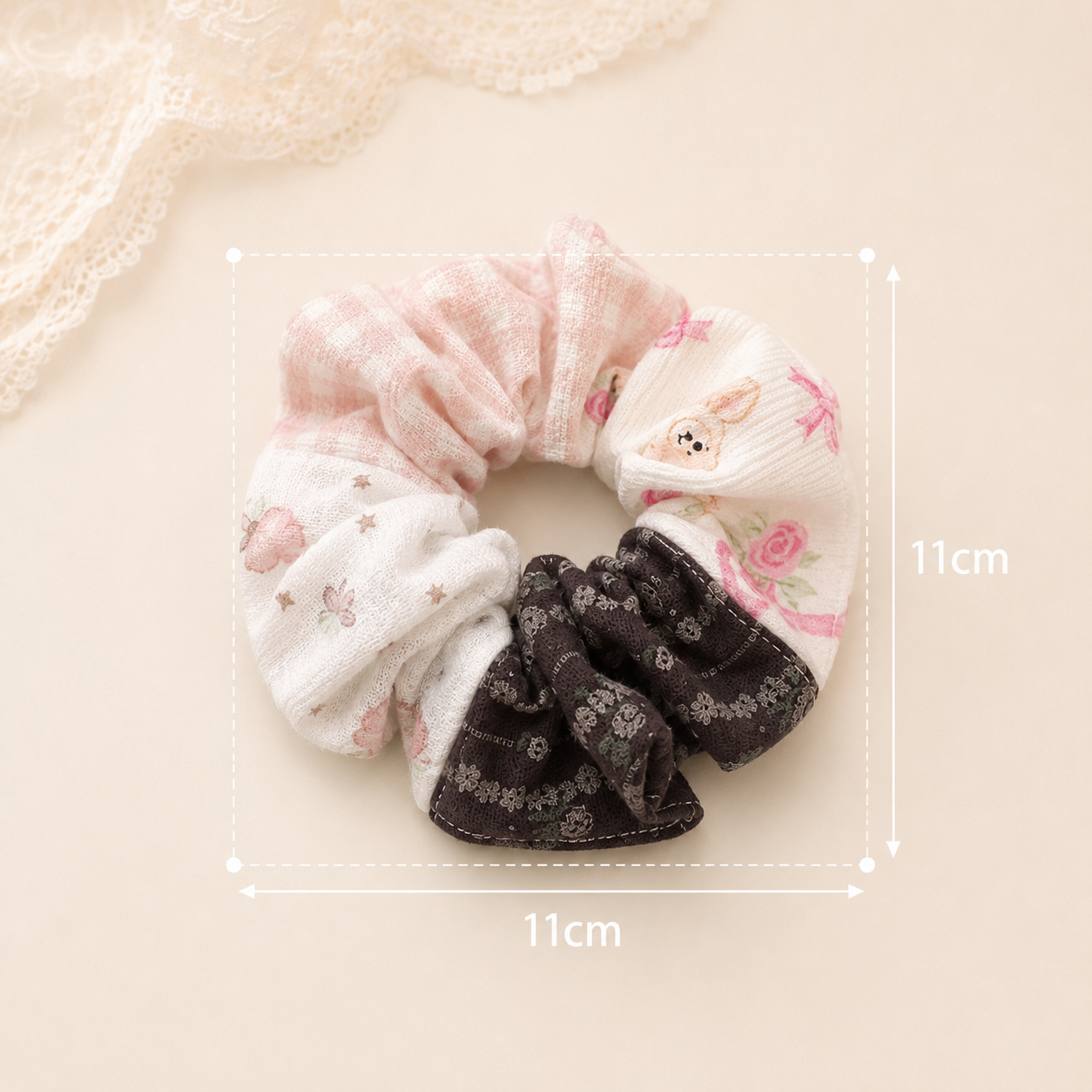 Handmade Pink Bunny Floral Patchwork Scrunchie｜Free shipping