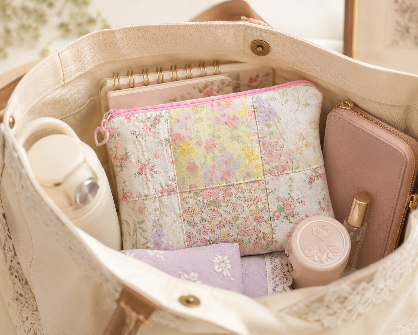 Handmade Pastel Floral Patchwork Zipper Pouch | Free shipping