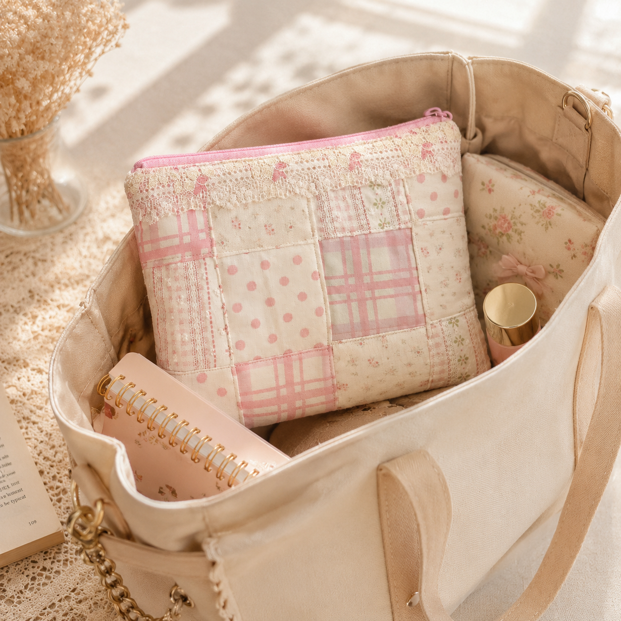Handmade Pink Gingham Patchwork Zipper Pouch｜Free shipping
