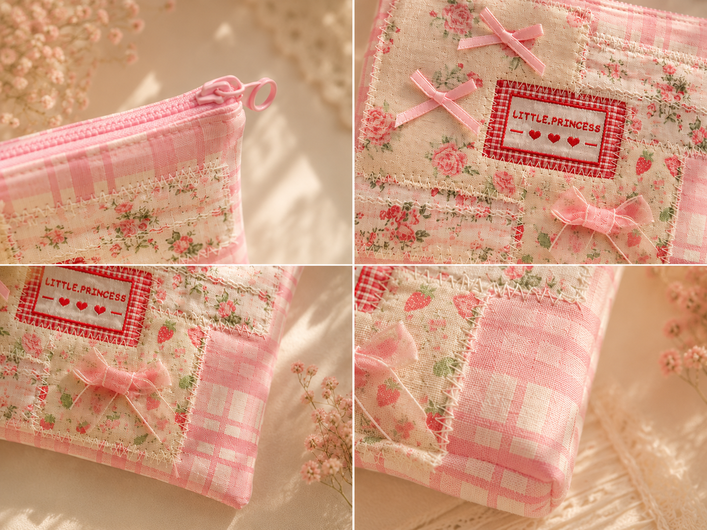 Handmade Pink Floral Patchwork Zipper Pouch ｜Free shipping