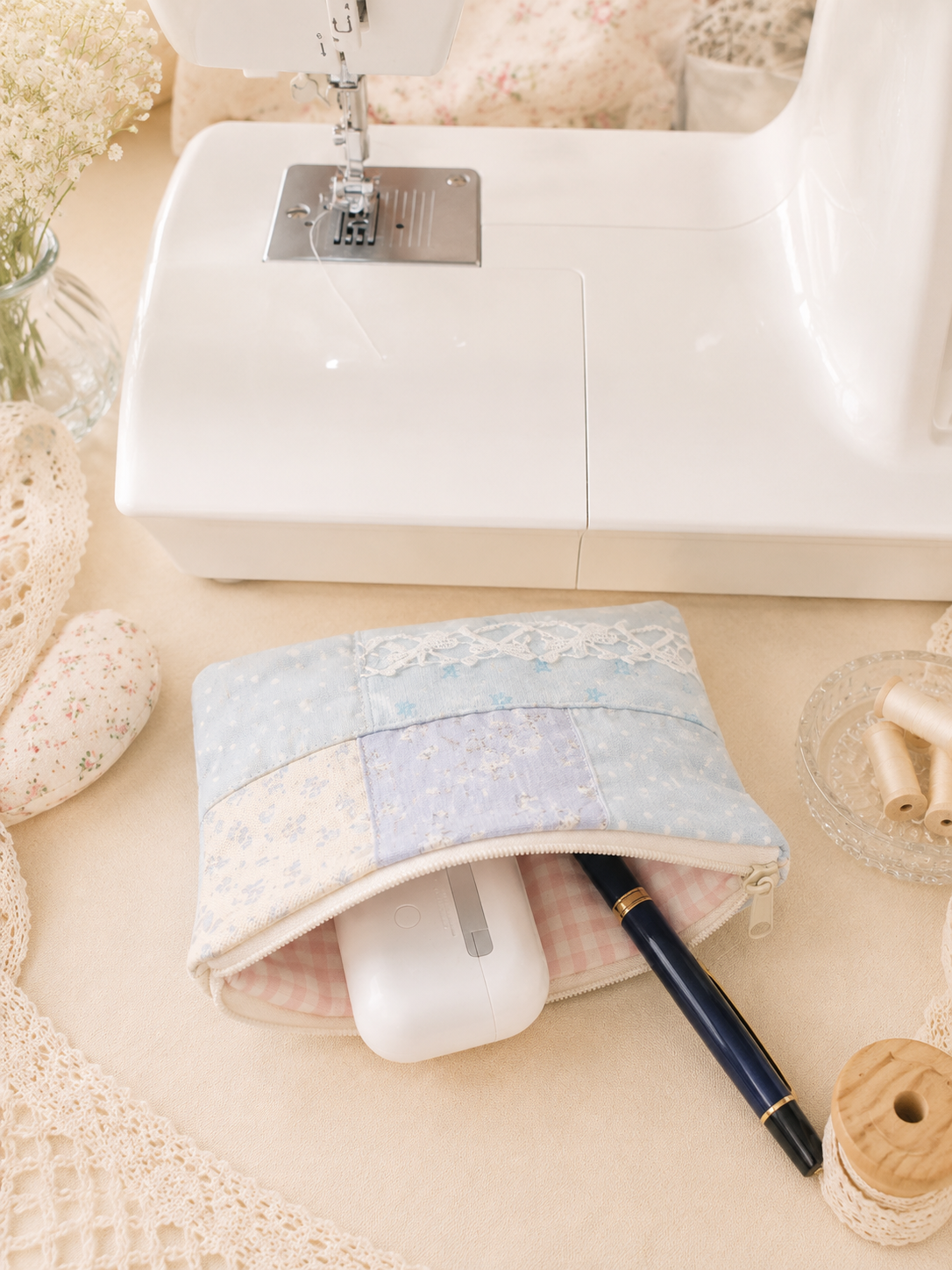 Handmade Blue Patchwork Zipper Pouch | Everyday Essentials Bag