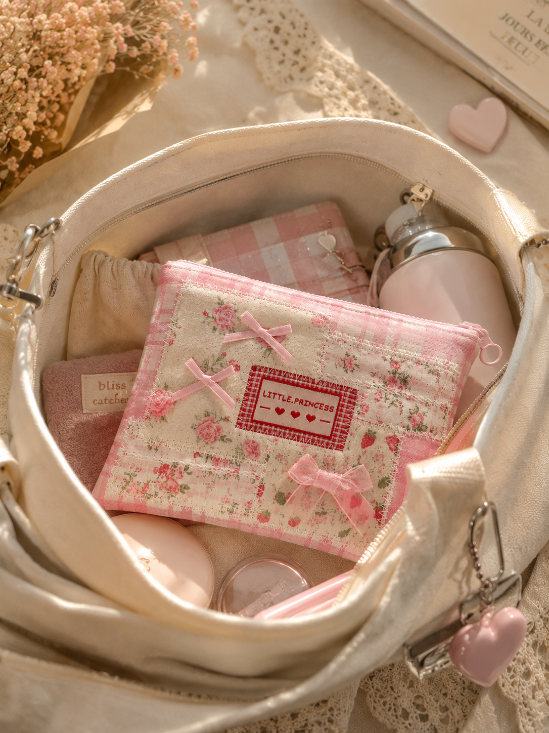 Handmade Pink Floral Patchwork Zipper Pouch ｜Free shipping