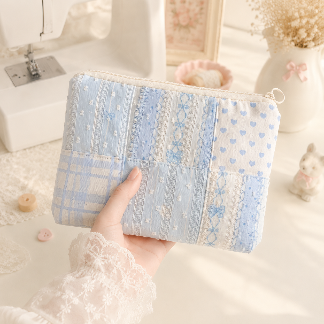 Handmade Blue Lace Patchwork Zipper Pouch｜Free shipping