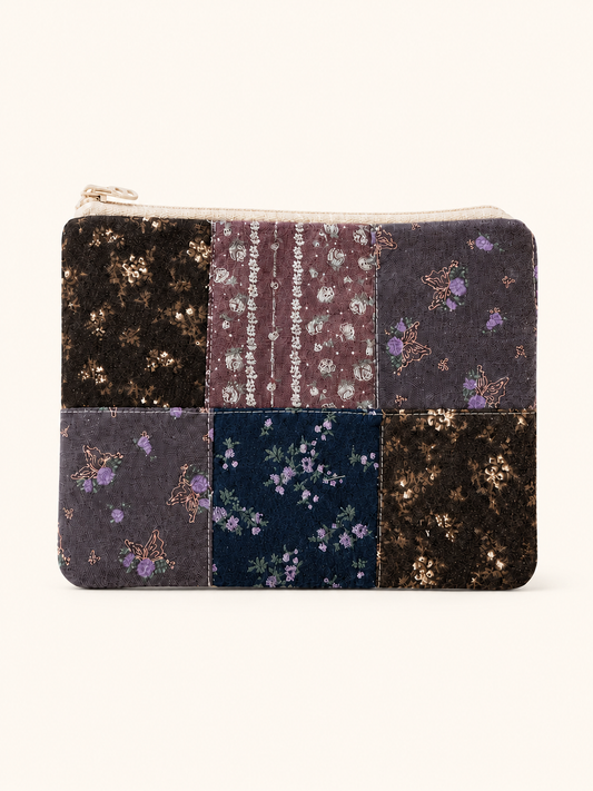 Handmade Midnight Floral Patchwork Zipper Pouch | Everyday Essentials Bag