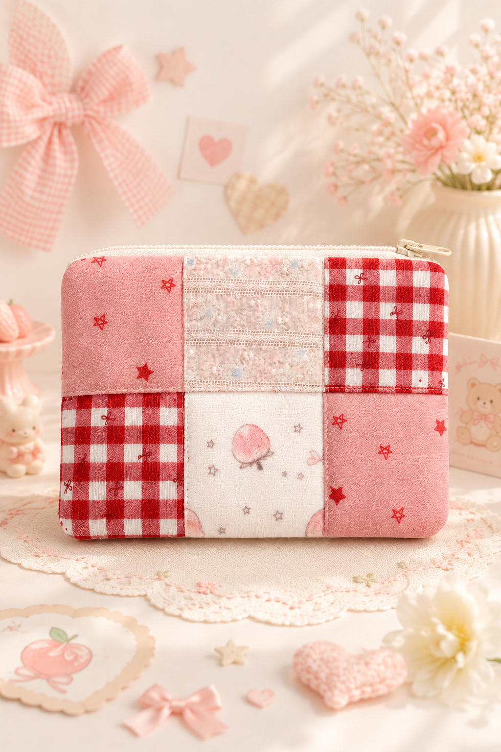 z-Strawberry Cake Handmade Patchwork Pouch#01｜Free shipping