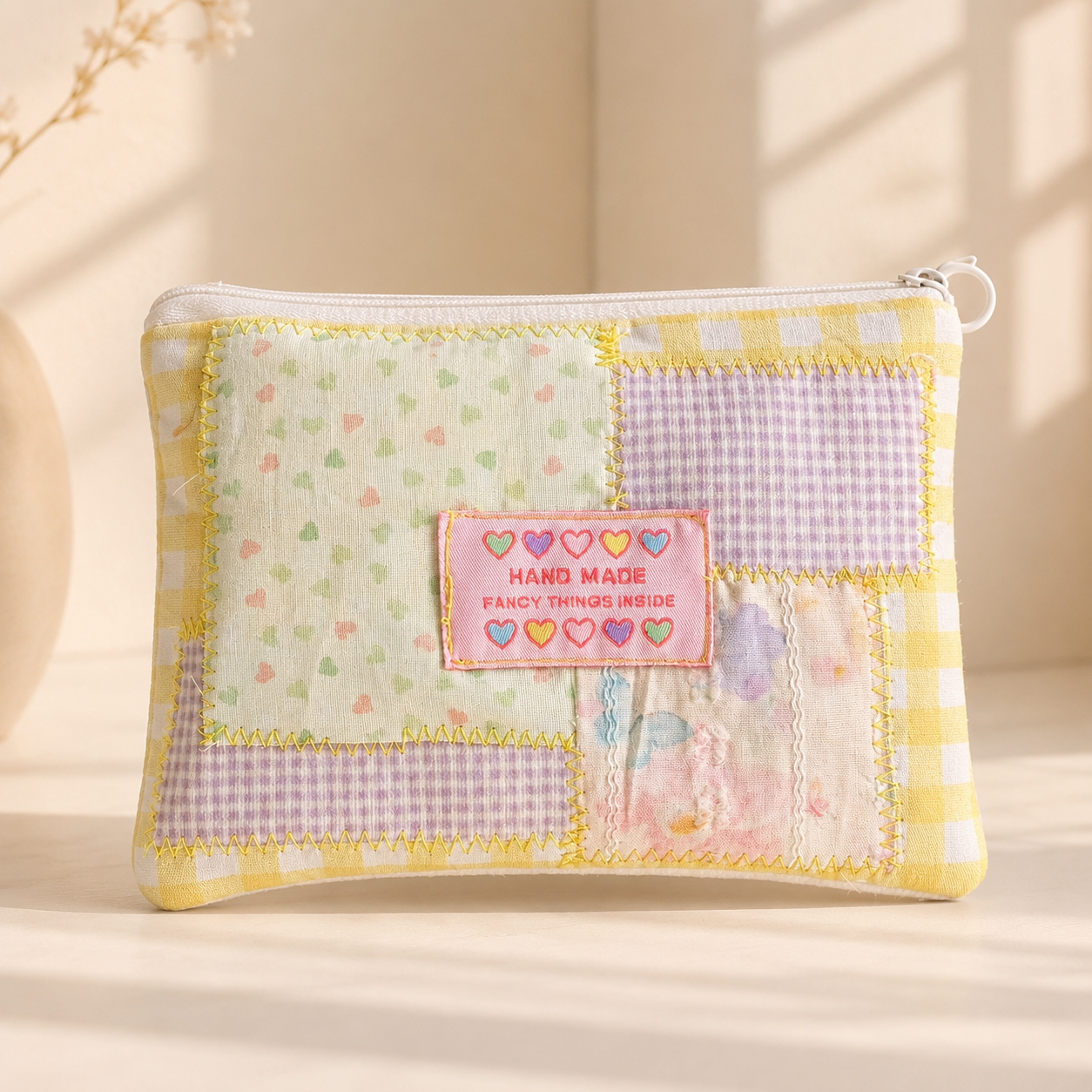 Handmade Yellow Gingham Patchwork Zipper Pouch｜Free shipping