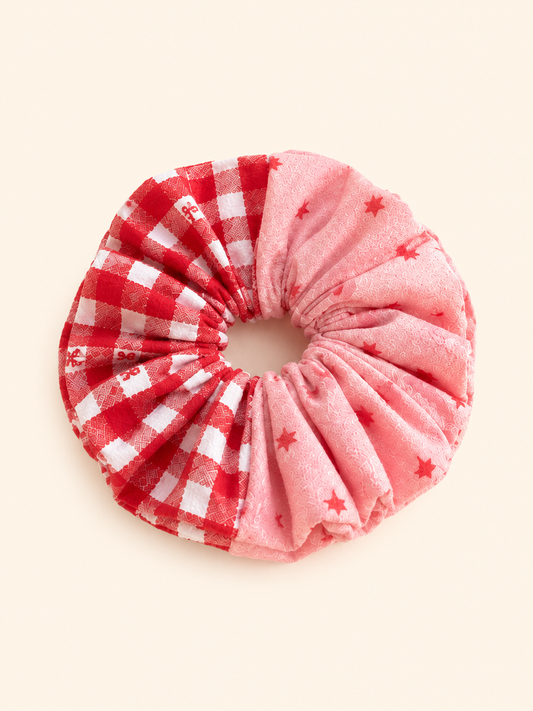 Handmade Pink Red Gingham Patchwork Scrunchie｜Free shipping