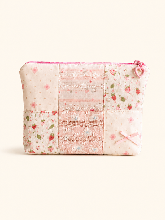 Handmade Strawberry Lace Patchwork Zipper Pouch ｜Free shipping