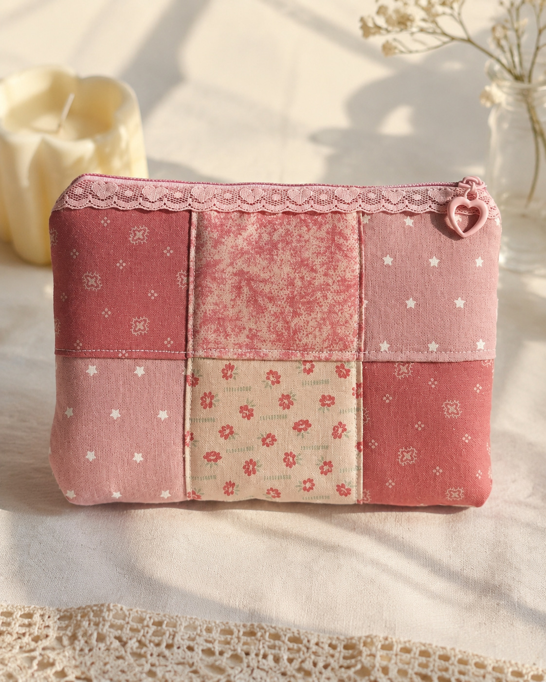 Handmade Rose Garden Handmade Patchwork Pouch with Lace Trim & Heart Zipper ｜Free shipping