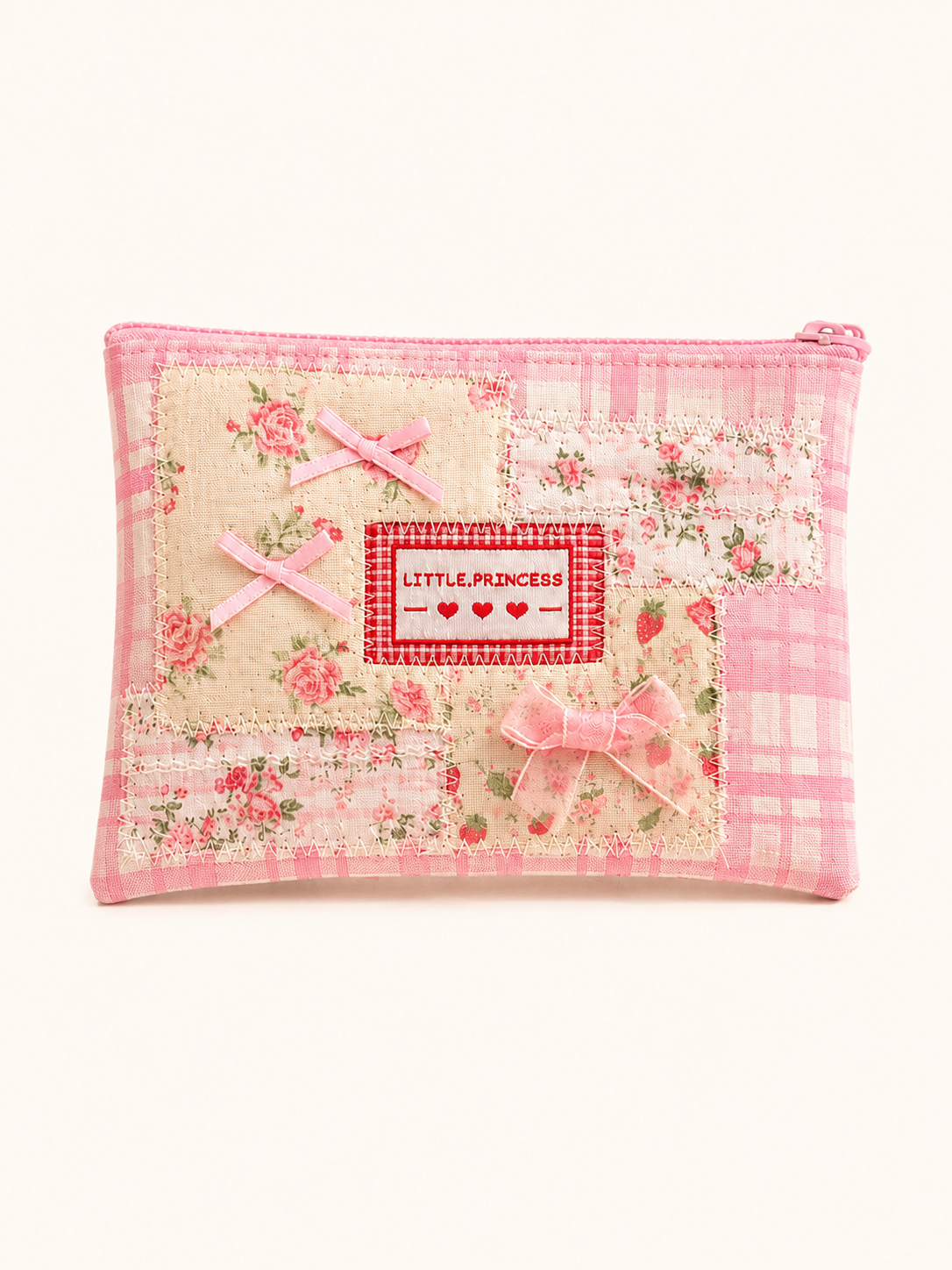 Handmade Pink Floral Patchwork Zipper Pouch ｜Free shipping