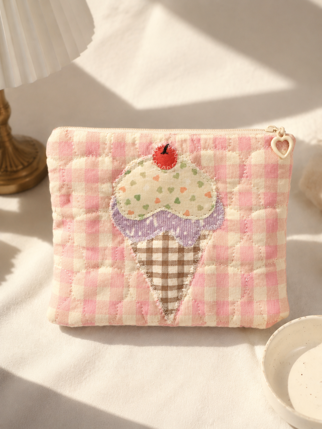 Handmade Sweet Ice Cream Gingham Quilted Zipper Pouch｜Free shipping