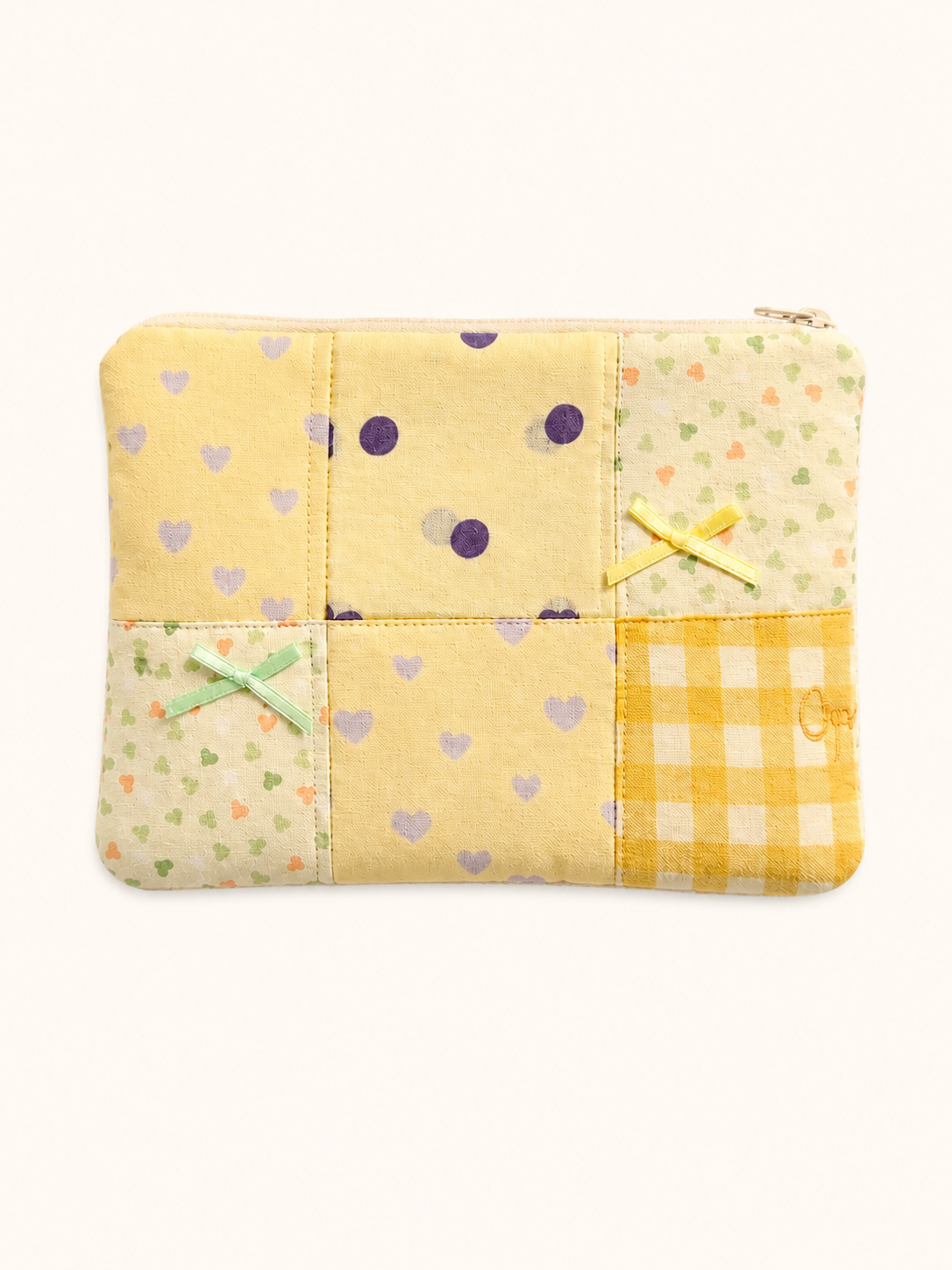 Handmade Yellow Gingham Patchwork Zipper Pouch｜Free shipping