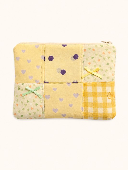 Handmade Yellow Gingham Patchwork Zipper Pouch｜Free shipping
