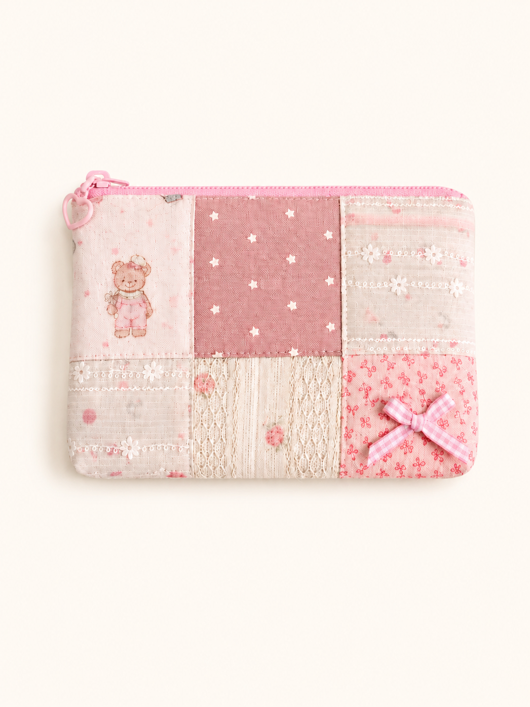 Handmade Pink Teddy Patchwork Zipper Pouch ｜Free shipping