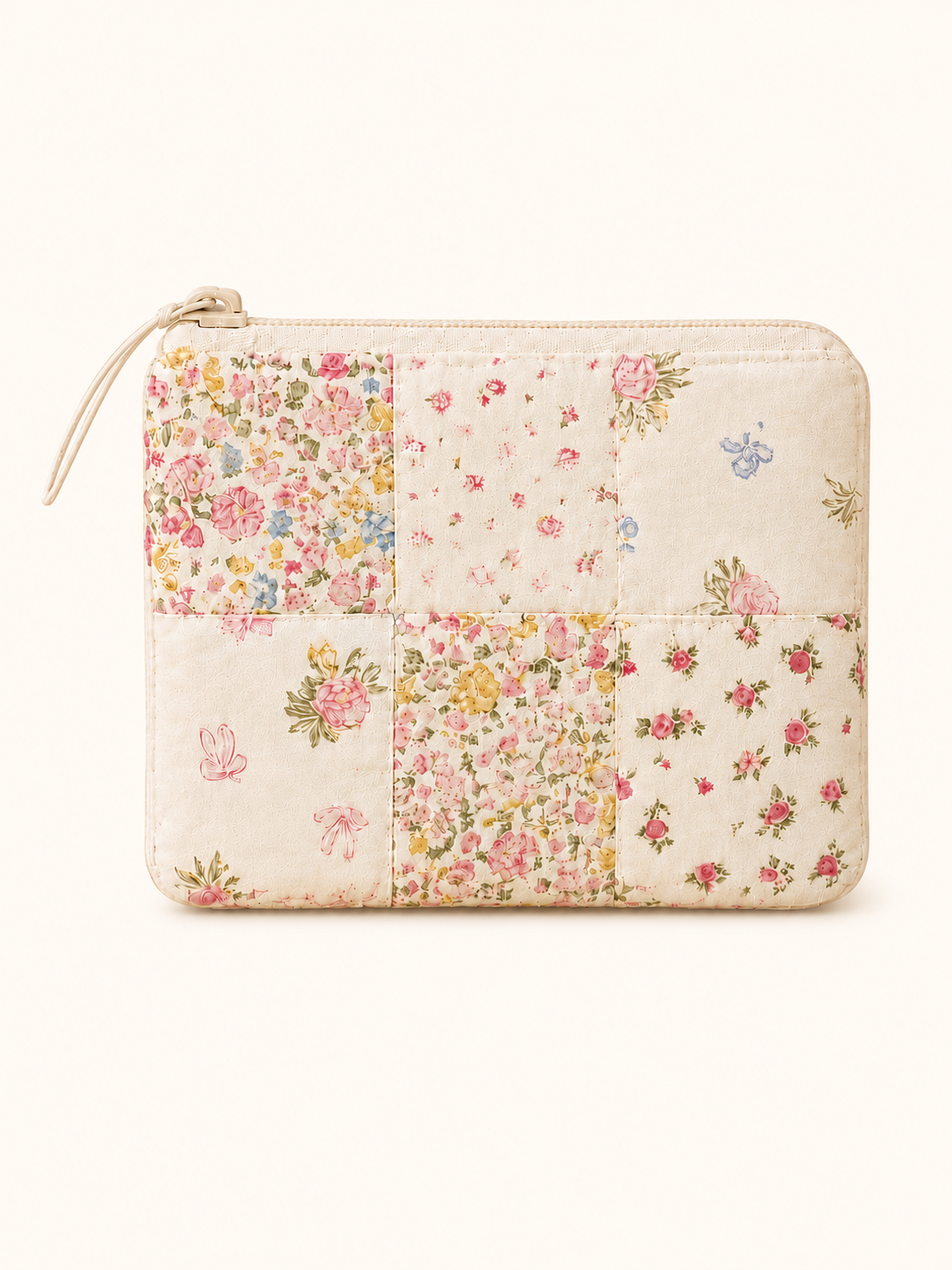 Handmade Cream Floral Patchwork Zipper Pouch | Everyday Essentials Bag