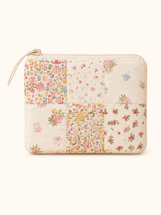 Handmade Cream Floral Patchwork Zipper Pouch | Everyday Essentials Bag