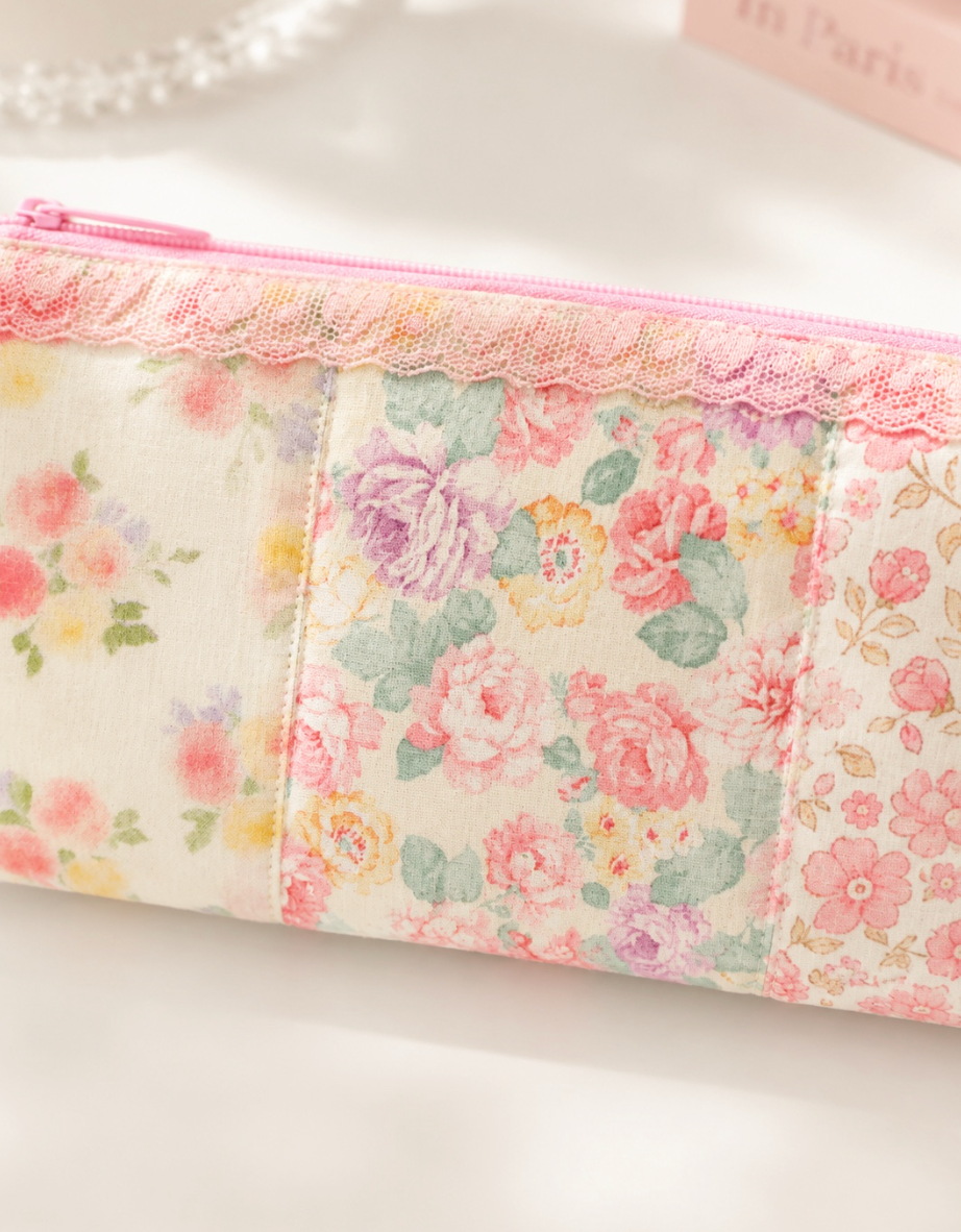 Handmade Blush Garden Floral Patchwork Pencil Case｜Free shipping