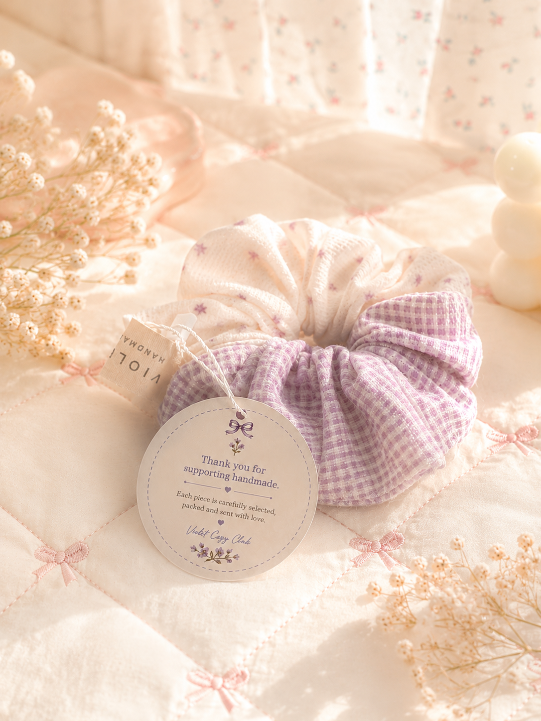 Handmade Lavender Gingham Patchwork Scrunchie｜Free shipping