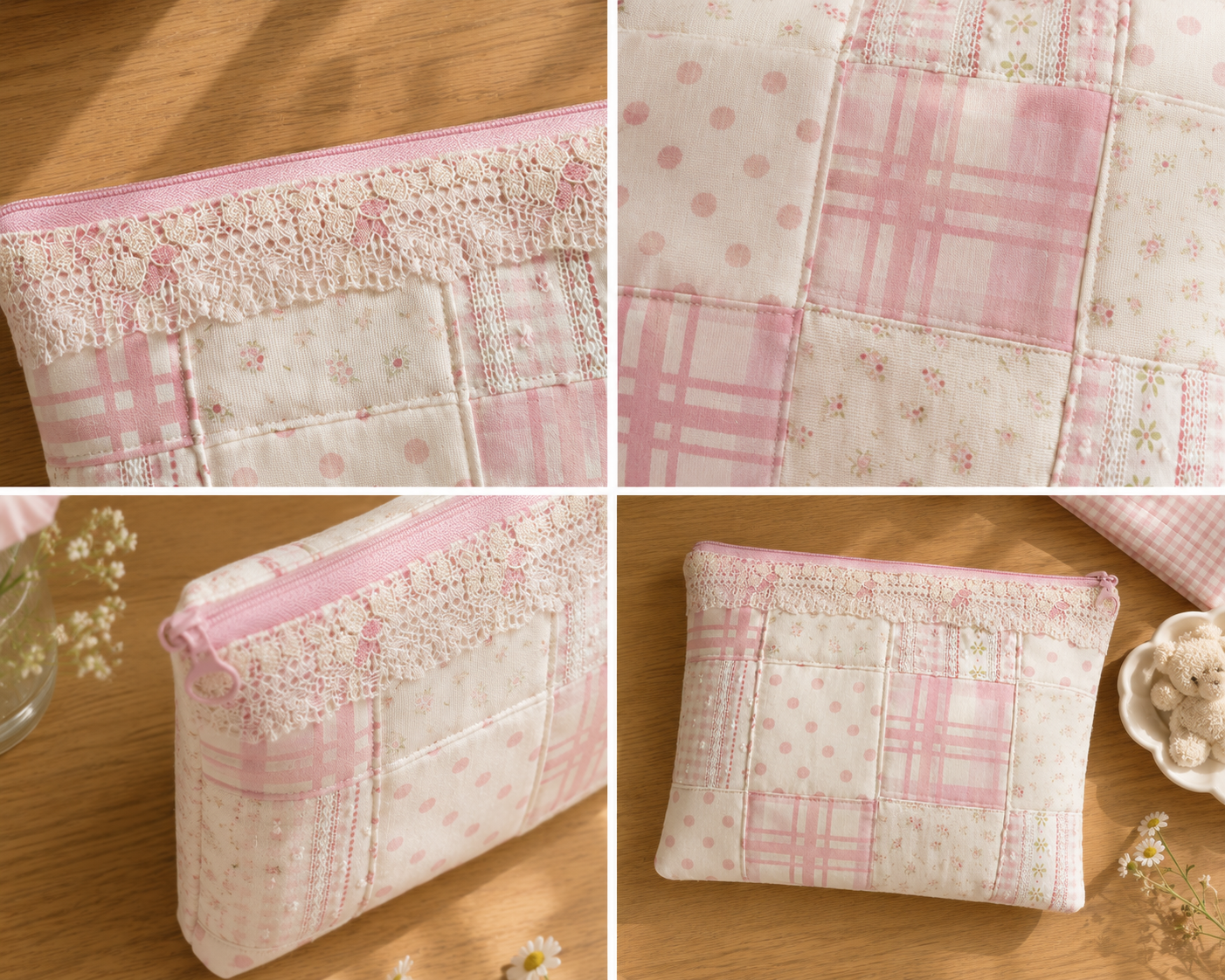 Handmade Pink Gingham Patchwork Zipper Pouch｜Free shipping