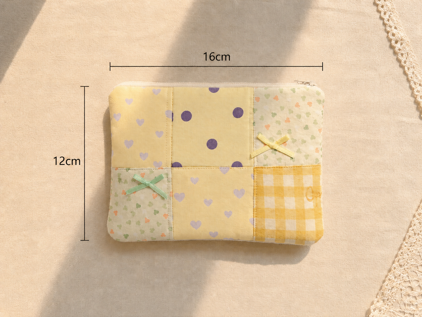 Handmade Yellow Gingham Patchwork Zipper Pouch｜Free shipping