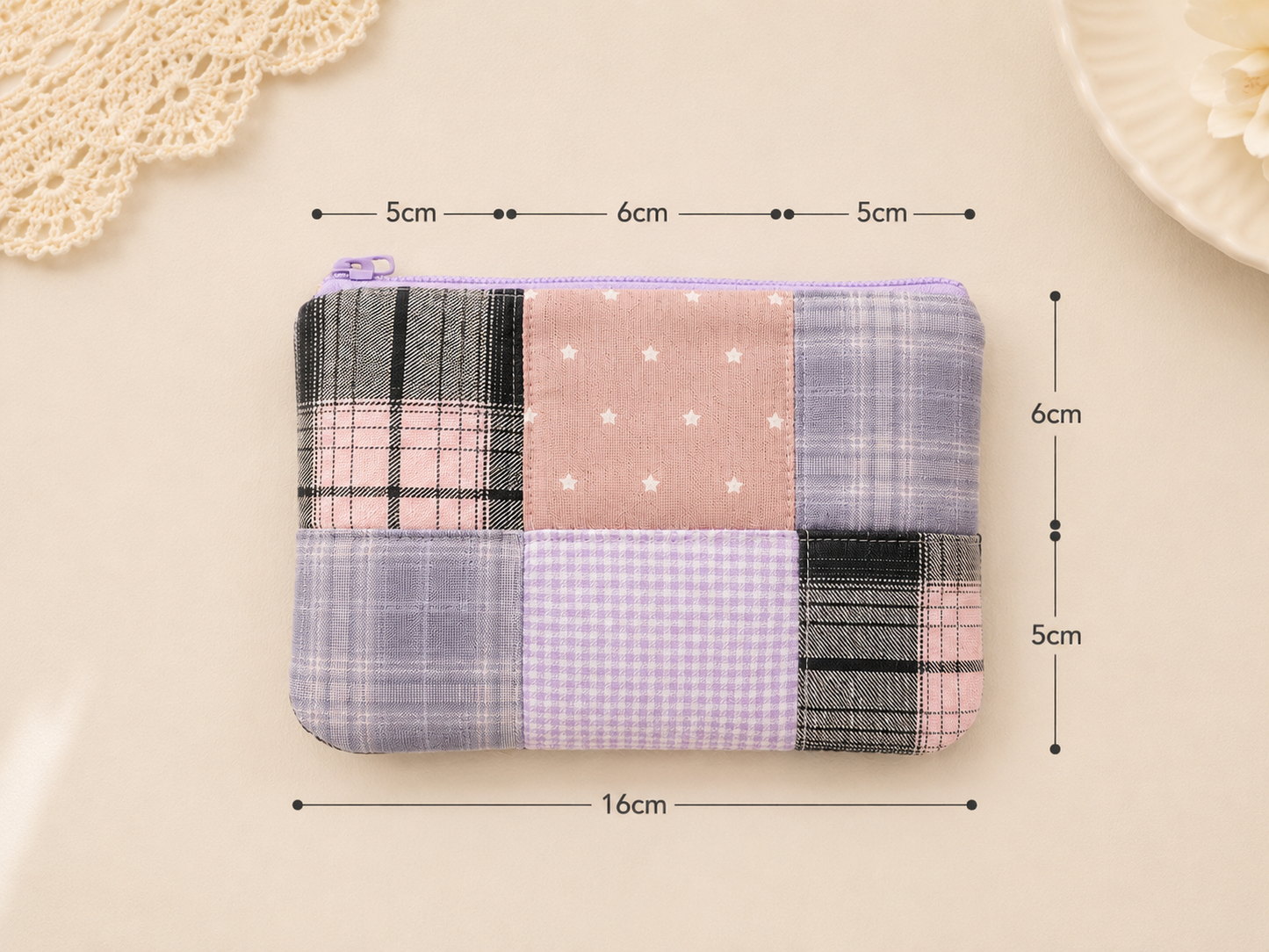 Handmade Pink & Lavender Plaid Patchwork Zipper Pouch | Everyday Essentials Bag