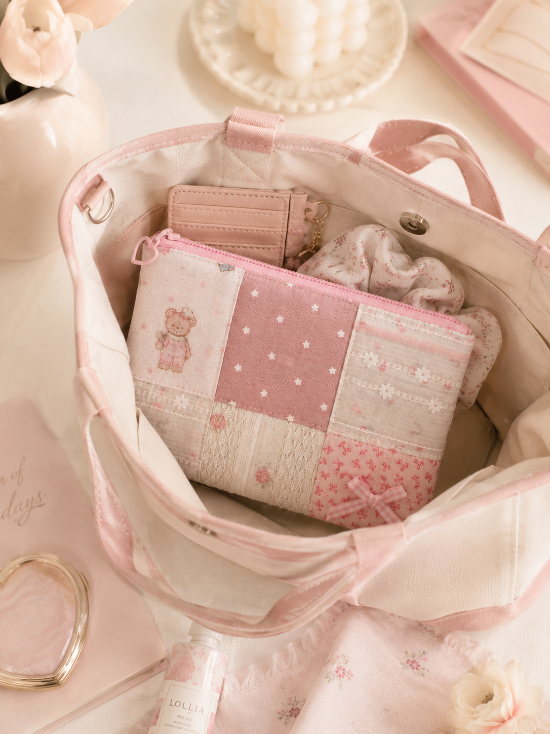 Handmade Pink Teddy Patchwork Zipper Pouch ｜Free shipping