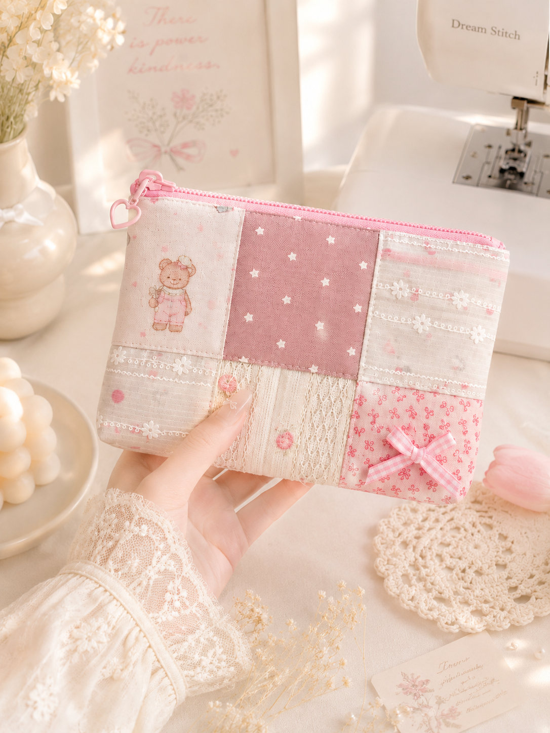 Handmade Pink Teddy Patchwork Zipper Pouch ｜Free shipping