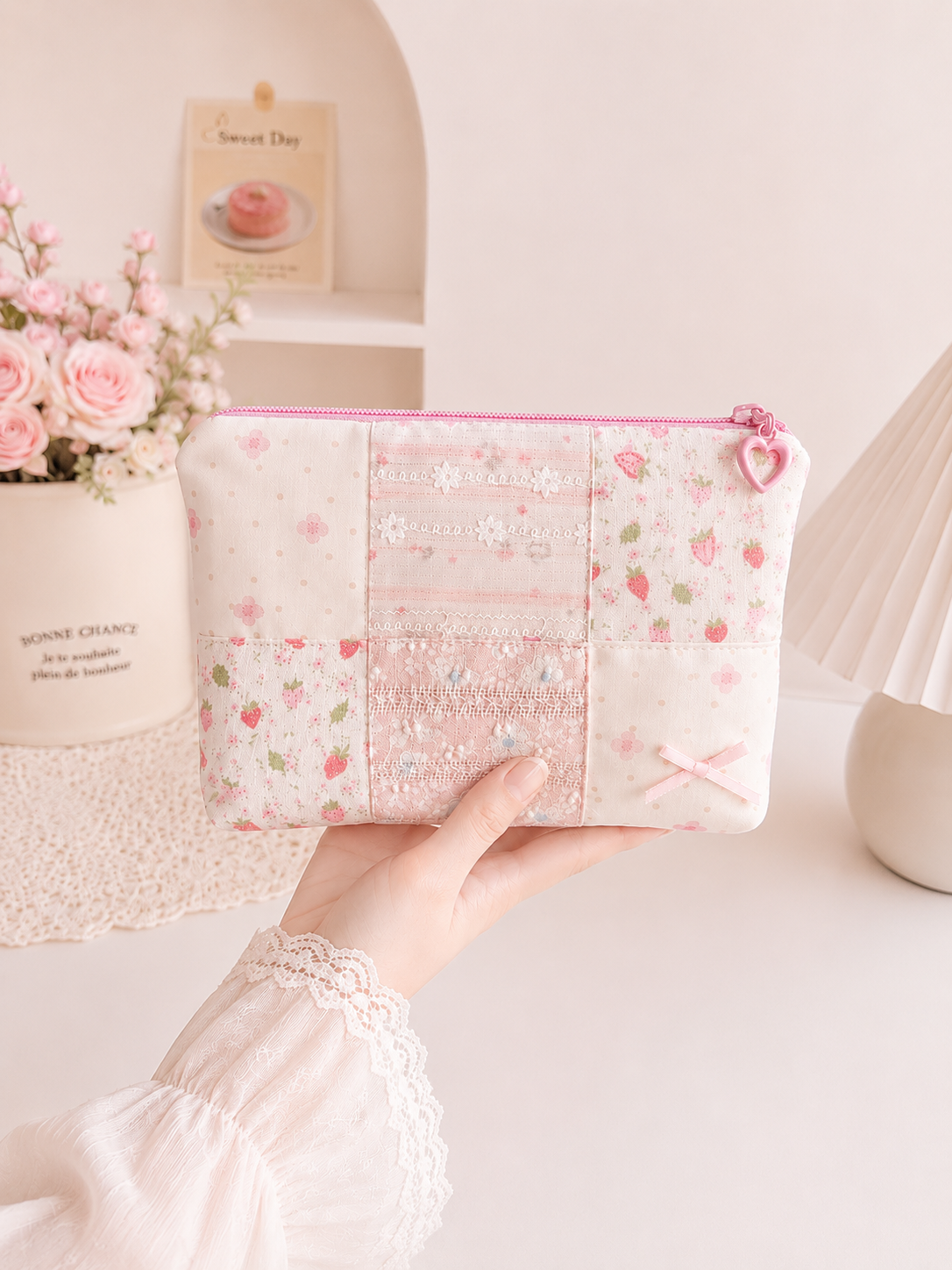 Handmade Strawberry Lace Patchwork Zipper Pouch ｜Free shipping