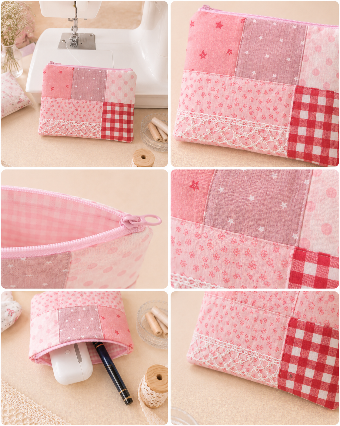 Handmade Pink Patchwork Zipper Pouch | Everyday Essentials Bag