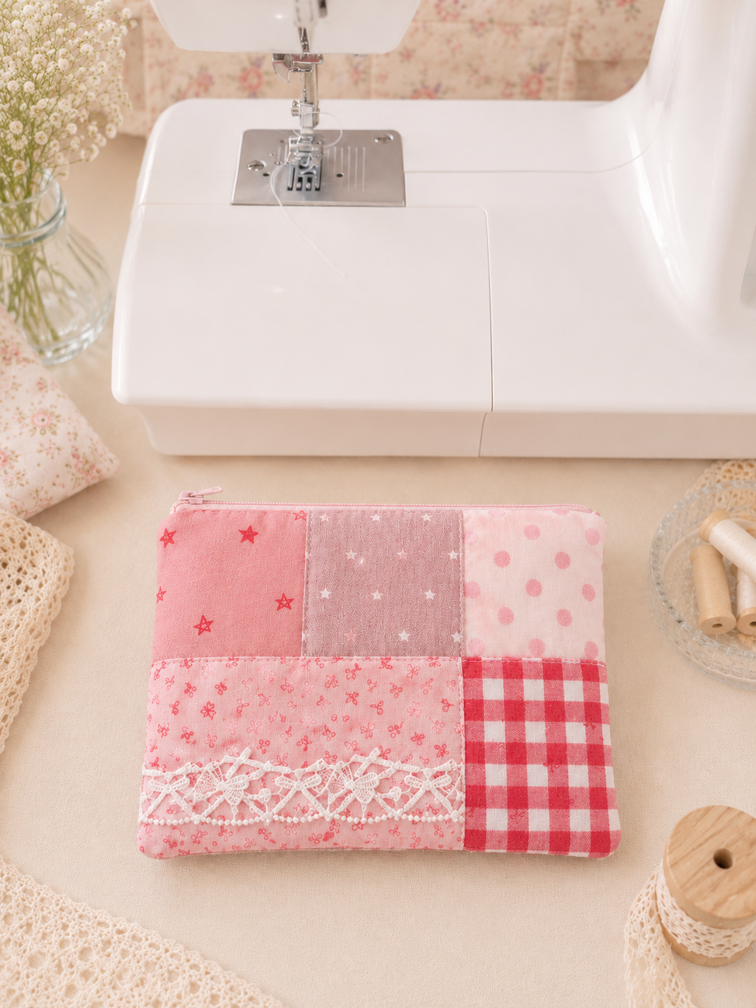 Handmade Pink Patchwork Zipper Pouch | Everyday Essentials Bag