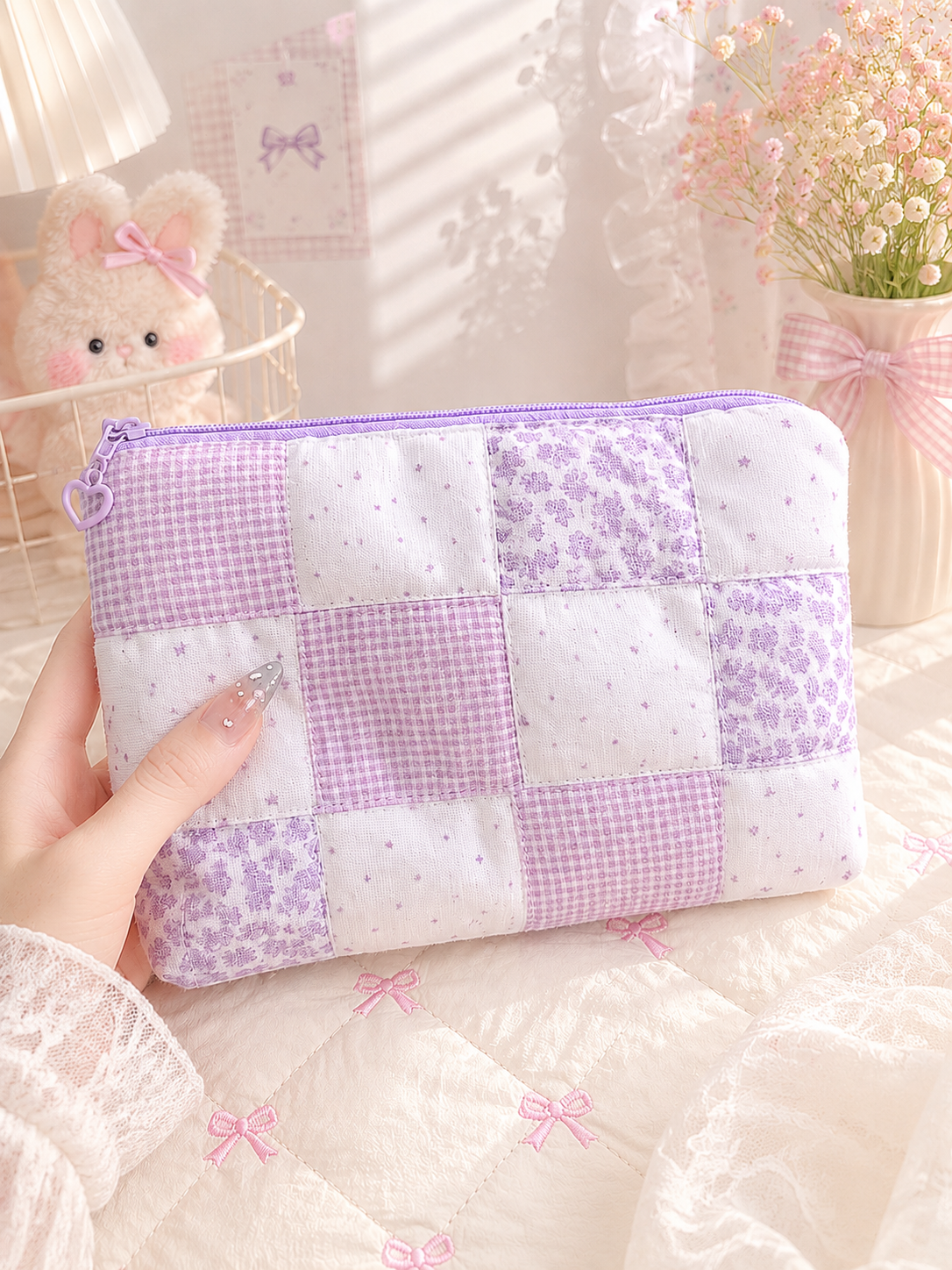 Handmade Lavender Patchwork Zipper Pouch | Large Everyday Essentials Bag
