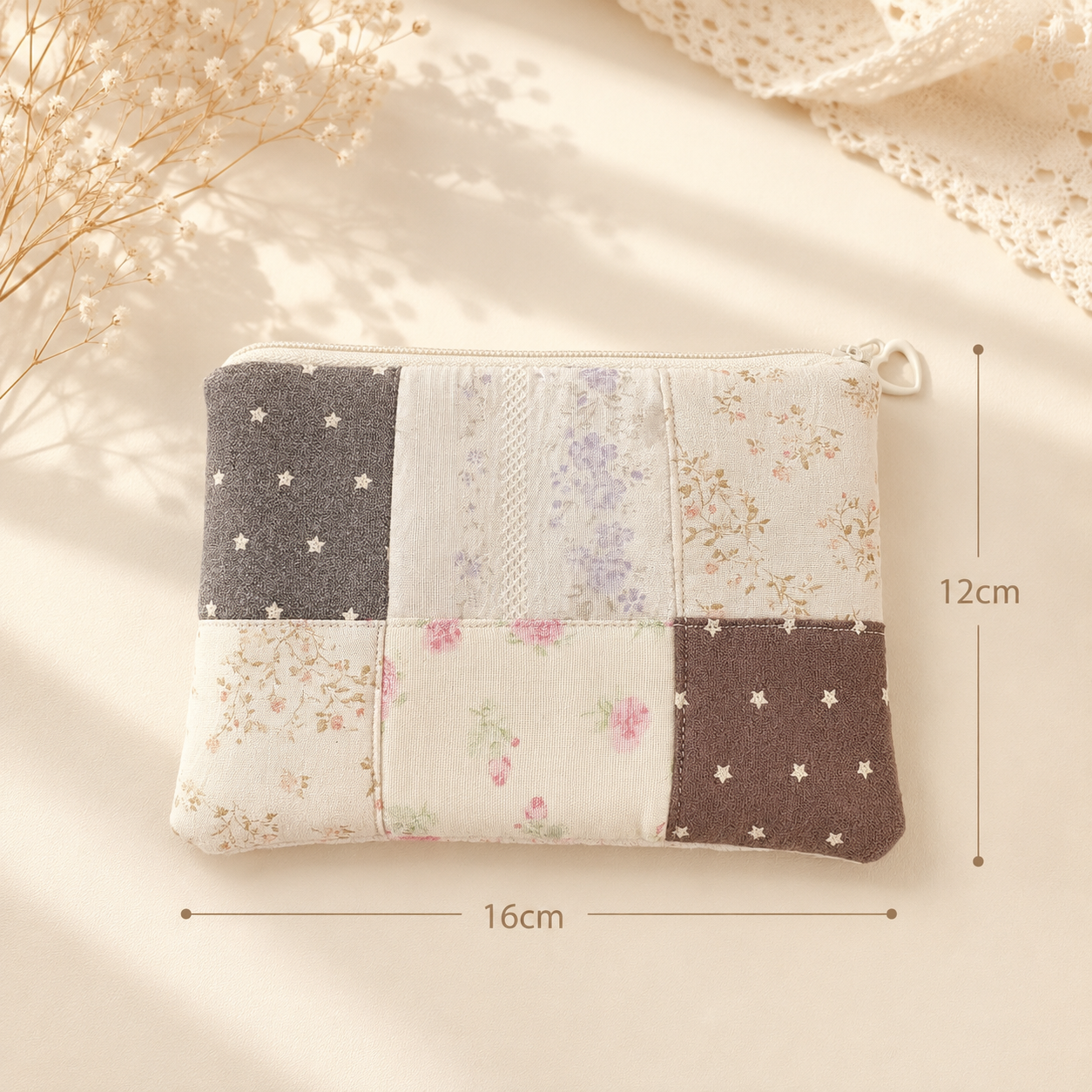 Handmade Neutral Floral Patchwork Zipper Pouch｜Free shipping