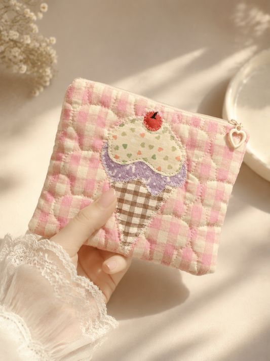 Handmade Sweet Ice Cream Gingham Quilted Zipper Pouch｜Free shipping