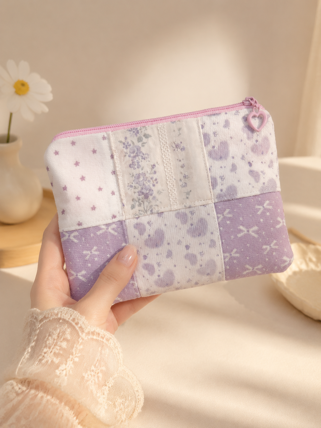 Handmade Lavender Patchwork Zipper Pouch | Free shipping